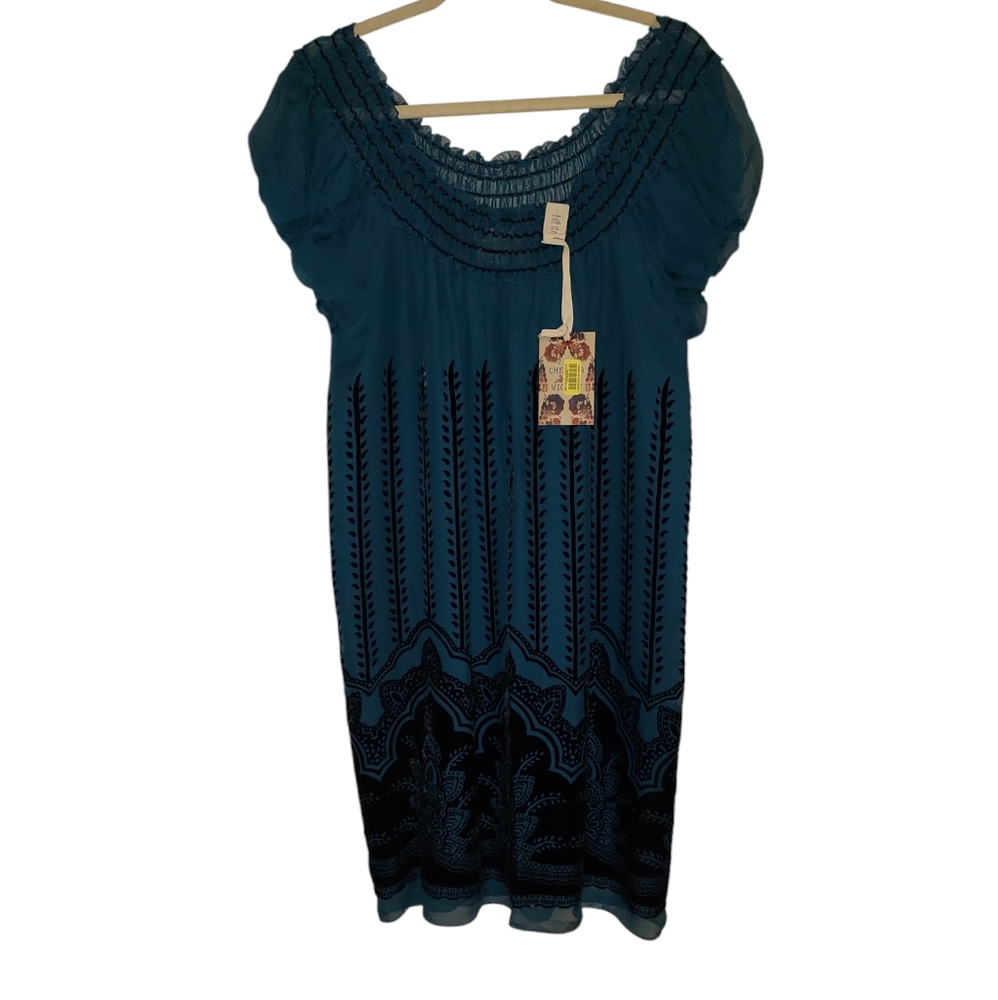 Chelsea & Violet Elegant Teal Dress w Black Velvet Design Sz L NWT